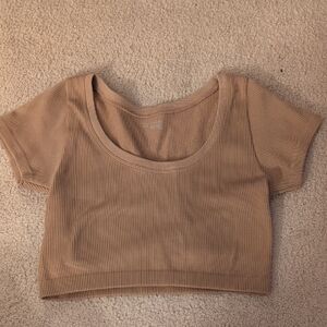 Offline By Aerie Light Brown Ribbed Short Sleeve Cropped Top Size Medium